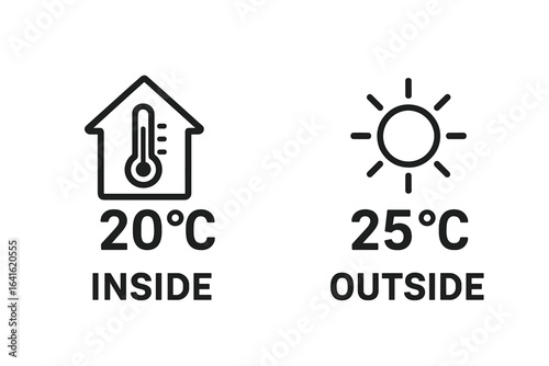 Indoor and outdoor temperature icons, vector thermometer and sun symbol, Celsius comparison, climate control concept, heat and comfort, house climate monitoring, transparent background illustration