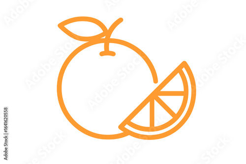 Orange fruit icon, fresh citrus vector illustration, linear style, modern orange slice design for apps, web, branding, juice bar, healthy food market, vitamin C, organic tropical fruit, abstract label