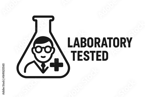 Laboratory tested icon for product packaging. Clinically proven symbol with doctor in flask. Quality control and research guarantee label. Vector for science approved seal.