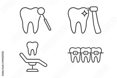 Dental icons outline set. Modern vector illustration of tooth, dental chair, orthodontic braces, mirror, cleaning, oral hygiene, treatment, dentistry clinic, stomatology concept, dentist equipment