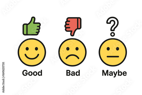 Emotion Icon Pack with Good, Bad, and Neutral Faces for Evaluation and Rating, Vector Emotional Emoticons Showing Positive, Negative, and Maybe Feedback with Grade Symbols on Transparent Background