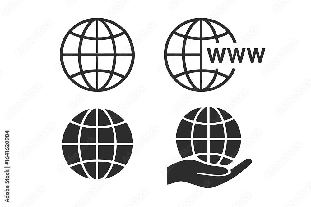 Global network web icons set. Globe symbol with meridians grid, world internet access, hand holding earth, www sign. Internet globe communication linear and silhouette vector illustration. Global network web icons set. Globe symbol with meridians grid, world internet access, hand holding earth, www sign. Internet globe communication linear and silhouette vector illustration.