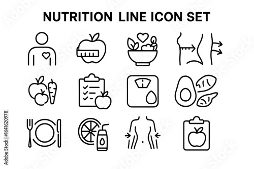 Nutrition healthy eating line icon set. Diet plan checklist, meal plate, weight loss, fruit and vegetable, salad bowl, body slimming, juice, avocado, fitness, wellness vector illustration.