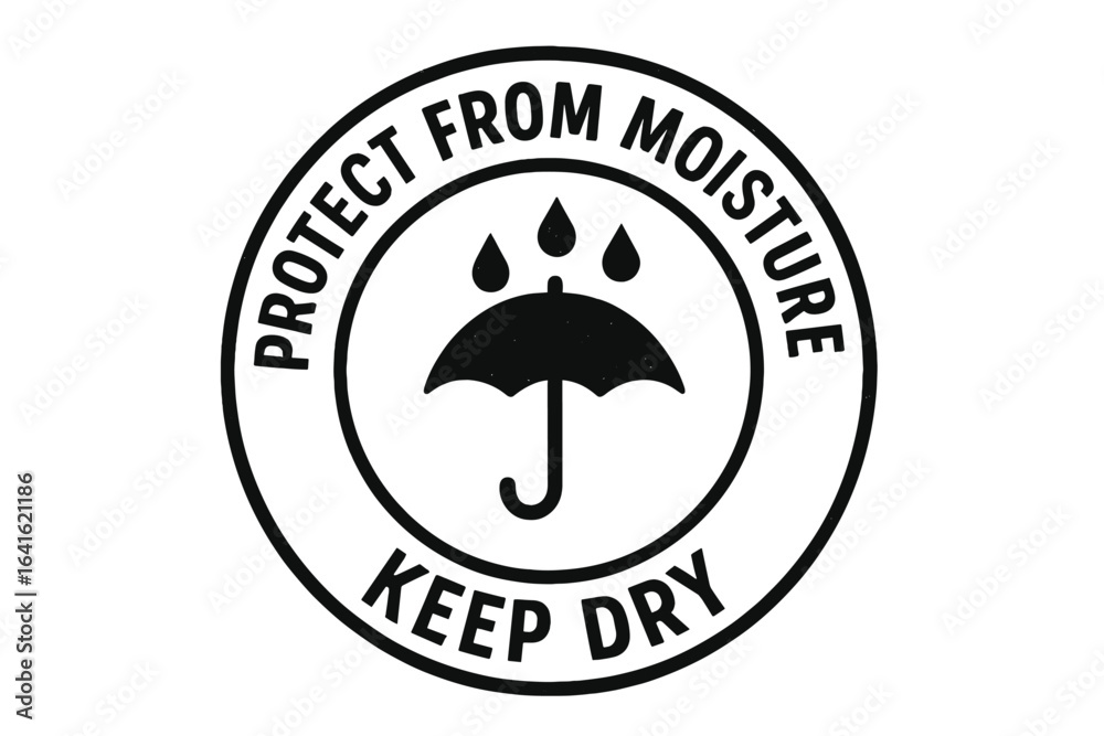 Moisture protection packaging label vector. Keep dry symbol. Umbrella with raindrops in circle. Information sticker for shipping, handling, logistics, cargo. Fragile goods icon. Warehouse safety sign. Moisture protection packaging label vector. Keep dry symbol. Umbrella with raindrops in circle. Information sticker for shipping, handling, logistics, cargo. Fragile goods icon. Warehouse safety sign.