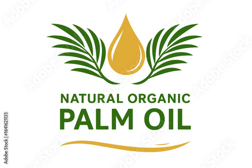 Natural organic palm oil logo design for product packaging. Vector illustration of a golden oil drop icon with green palm leaf wings. Label for healthy, eco, bio food ingredient.