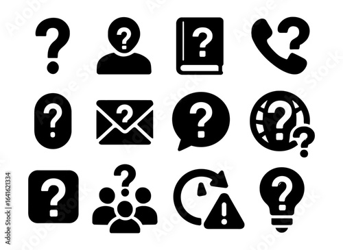 Silhouette question mark icons: telephone, book, email, globe, light bulb, and more