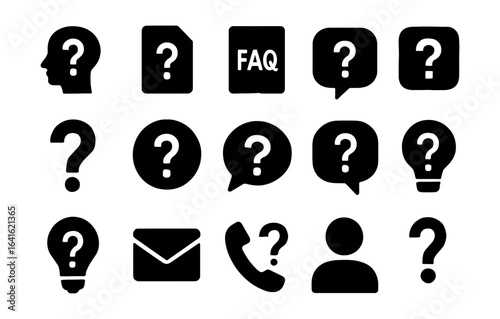 Silhouette icons of frequently asked questions and symbols