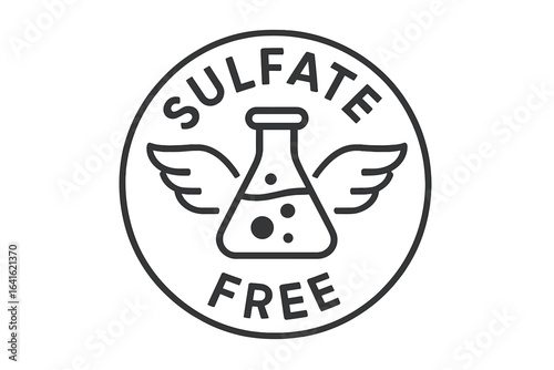 Sulfate free icon for product packaging. Natural cosmetics label. Stamp for beauty products. Chemical free symbol. Vector logo with flask and wings. Skincare and haircare.
