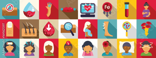 Anemia symptoms icons set. Comprehensive set of icons representing iron deficiency anemia symptoms, encompassing diverse health problems and medical indicators