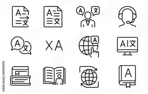 Linear language translation icons for digital communication and global education