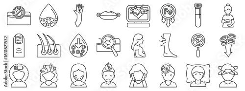 Anemia symptoms icons set. Experiencing iron deficiency anemia, showing symptoms like fatigue, hair loss, and restless legs syndrome, along with diagnostic tests