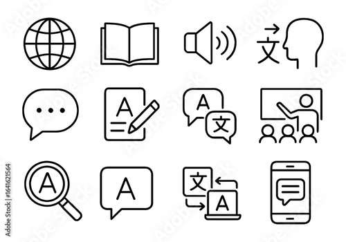 Black linear icons for global language learning and translation tools
