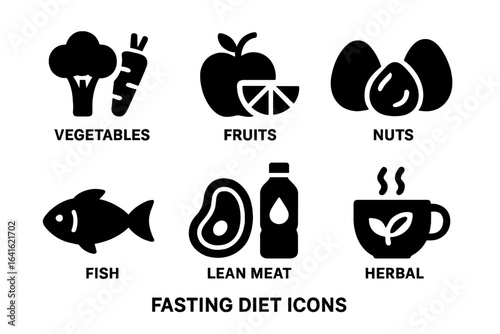 Fasting diet food icons vector set. Solid silhouette nutrition symbols for vegetables, fruits, nuts, fish, lean meat, herbal tea, water. Healthy eating fasting plan concept, black icons isolated.