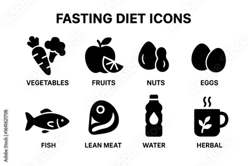 Fasting Diet Icons Set. Solid Filled Vector Icons of Healthy Foods. Vegetables, Fruits, Nuts, Eggs, Fish, Lean Meat, Water Bottle, Herbal Tea Cup. Intermittent Fasting Nutrition Symbols.