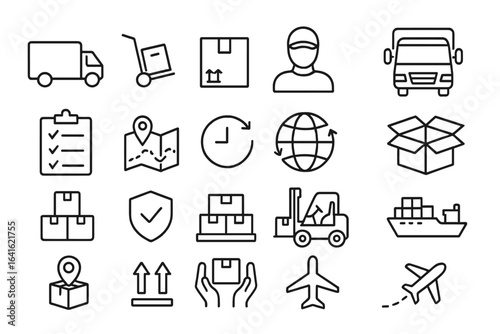 Delivery logistics icons vector set. Cargo transportation, shipping, supply chain, freight, global logistics, export import, air, sea, truck, package management, warehouse, route planning, shipment.