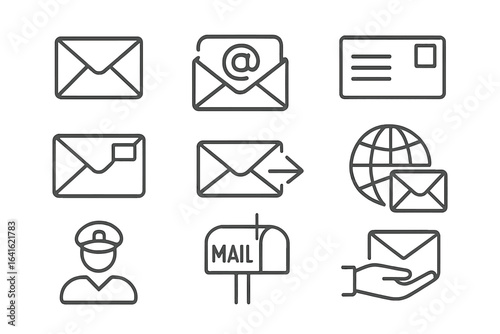 Line icons set mail email postal envelope delivery, mailing communication, post office mailbox, e-mail, global message, mailman, hand delivery, outline linear, web vector illustration