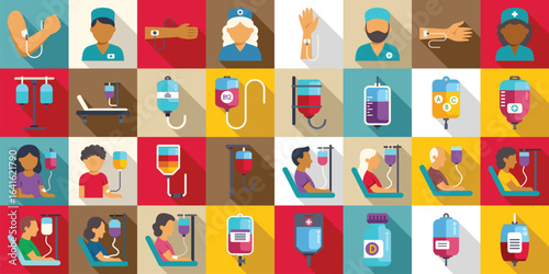 Iv therapy icons set. Diverse patients undergoing iv treatment, highlighting healthcare, medical procedures, and the role of nurses