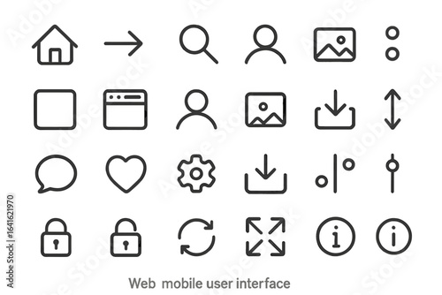 Minimalist Line Icons Set for Web and Mobile User Interface. UX UI Vector Pack. Home Search Profile Image Heart Download Lock Settings Info Expand Browser Speech Bubble Vector Isolated.