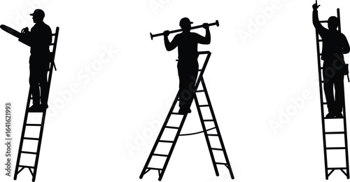 Silhouette workers standing on ladders with tools, construction maintenance safety concept, isolated on white background, professional labor occupations