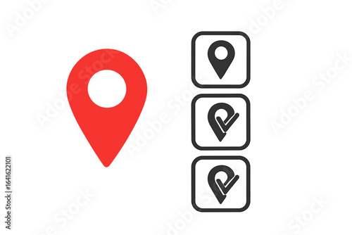 Location pin pointer icon set with checkboxes, map marker symbols for apps websites navigation, vector design elements for geolocation, GPS, travel and UI projects