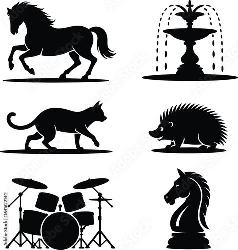 Collection of Black Silhouettes of Animals and Music Equipment horse stallion