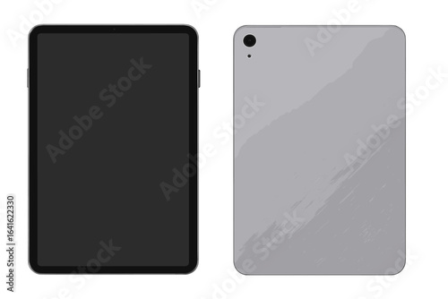 Realistic personal tablet layout with turned off and blank screen, front and back views, isolated vector objects, detailed vector illustration on transparent background