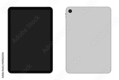 Realistic personal tablet device layout with turned off blank screen, front and back views, isolated vector objects, modern technology gadget, transparent background