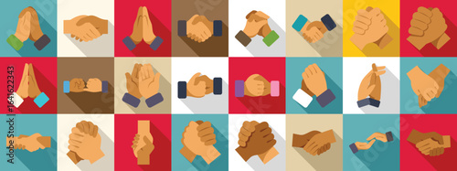 Wallpaper Mural Clasped hands icons set. Colorful grid showcasing diverse hands shaking, praying, and supporting each other, symbolizing unity, collaboration, and faith Torontodigital.ca