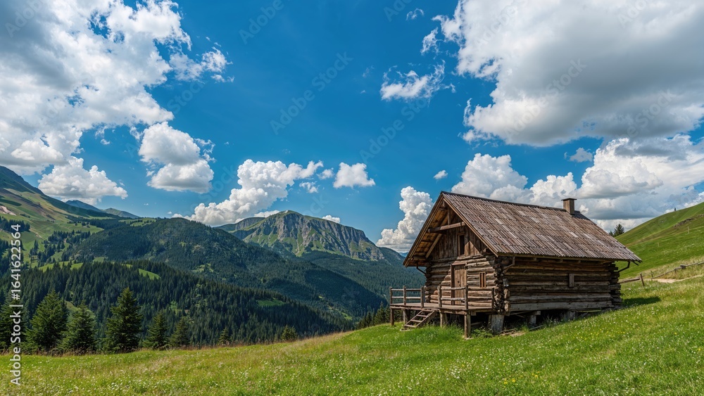 Obraz premium Cozy wooden lodge surrounded by vibrant green hills beneath a clear sky dotted with soft clouds, perfect for themes of peace and countryside life.