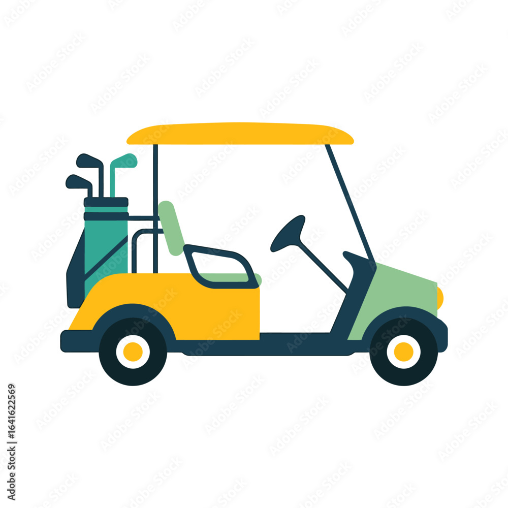 Colorful Golf Cart Illustration with Golf Clubs Bag and Driver Steering Wheel Isolated on White Background for Graphic Design and Decoration