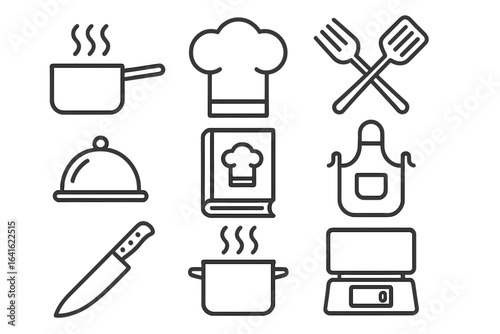 Cooking and kitchen equipment icons set. Outline vector symbols: chef hat, recipe book, spatula, apron, boiling pot, kitchen knife, food cover, scale. Line art for web apps and graphic design.