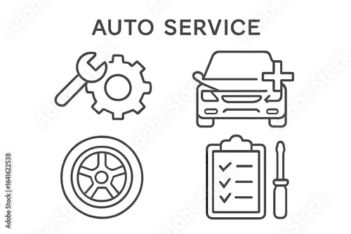 Auto service icons set, flat linear style vector graphics for websites, apps, and digital projects, conceptual symbols with editable elements, automotive repair, maintenance and tire change