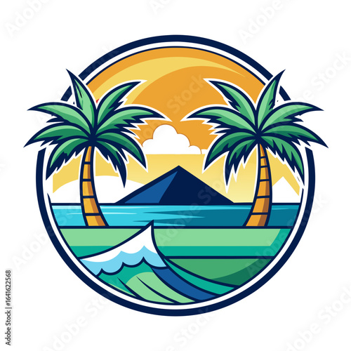 Vector art of serene tropical beach graphic featuring two palm trees, gentle ocean waves, and a distant mountain under a warm sunset, symbolizing tranquility