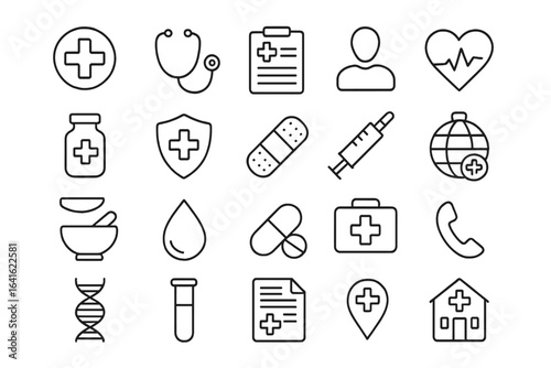 Linear Medical Healthcare Icons Set. Outline Vector Web Symbols for Hospital, Clinic, Emergency, Pharmacy, First Aid, DNA, Blood, Insurance, Syringe, Medicine, Patient, Health, Medical Data
