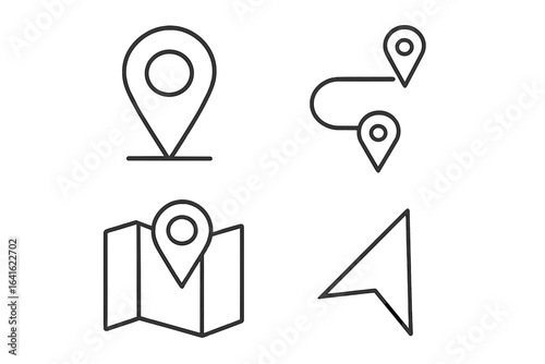 Location pin map navigation route and GPS outline icons set. Vector line symbols for travel, journey, address, wayfinding, geolocation, tracking, direction, mobile app. Road route marker, map pointer.