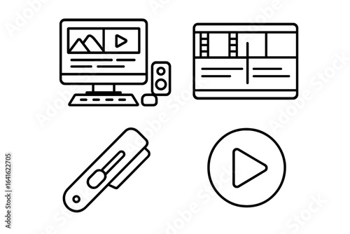 Film Editing Outline Icon Set. Vector Symbols of Video Editing Suite, Editing Workstation, Timeline Interface, Cutting Blade Tool, Playback Button, Linear Media Production Flat Design