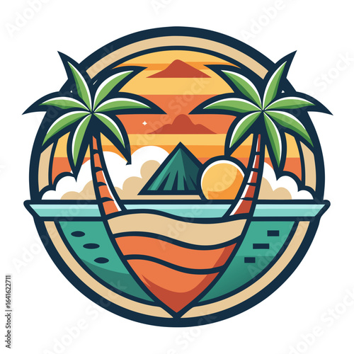 Vector art of artistic depiction of a tropical island at sunset with palm trees, mountains, clouds, and ocean waves, symbolizing a dream vacation and summer escape