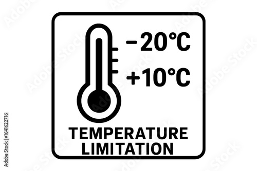 Temperature limitation symbol vector for product packaging and labeling, thermometer icon indicating storage range -20°C to +10°C, cold storage, temperature sensitive product, stock illustration