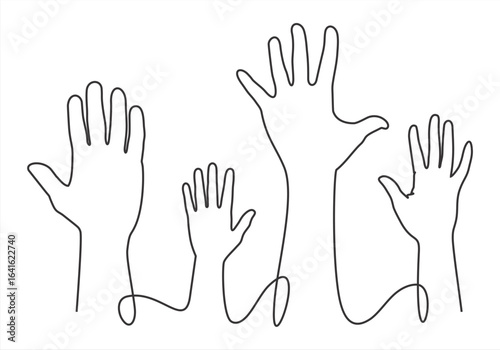 Illustration of a raised hand in a minimalist single-line style. A symbol of participation, solidarity, and support. Suitable for social, educational, community, and campaign themes.
