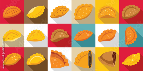 Curry puffs icons set. Colorful empanada icons represent a variety of this popular savory pastry, showcasing different fillings and baking styles