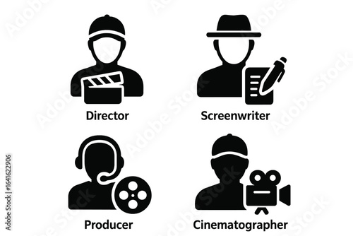 Filmmaker Roles Vector Icons Set. Director, Screenwriter, Producer, Cinematographer Silhouettes. Filled Solid Icons for Movie Production Crew, Film Industry Professionals, Creative Team Illustration.