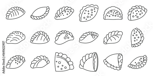 Curry puffs icons set. Diverse set of empanada icons representing various styles and fillings of this popular latin american pastry