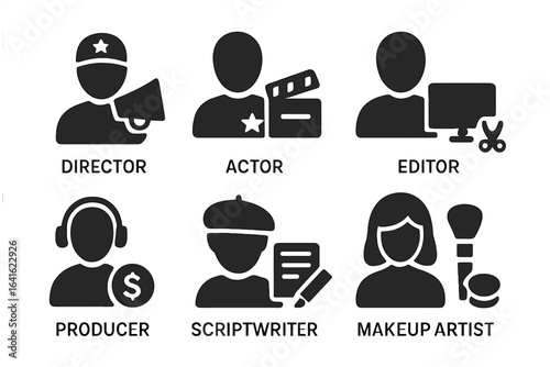 Film roles icons set, solid filled vector illustrations of director, actor, cameraman, editor, producer, scriptwriter, makeup artist, cinema industry professions symbols