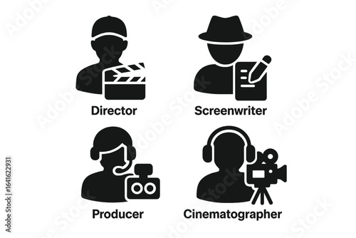 Solid black vector icons set of independent filmmaker roles with director, screenwriter, producer, cinematographer, clapperboard, camera and writing tools isolated on transparent background