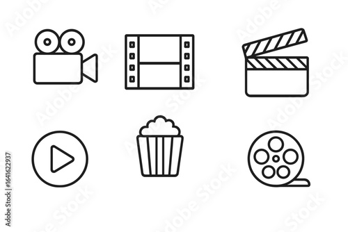 Cinema and Film Icon Set. Movie Industry Symbols. Vector Linear Style for Web and Print. Film Reel, Camera, Clapperboard, Popcorn, Play Button. Entertainment and Theater Concept Design.