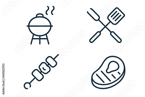 Barbecue grill vector icons set. Grilled steak, utensils, spatula fork, barbecue, skewer kebab. Line art for web, mobile app, restaurant menu, BBQ party, picnic, summer outdoor cooking concept.