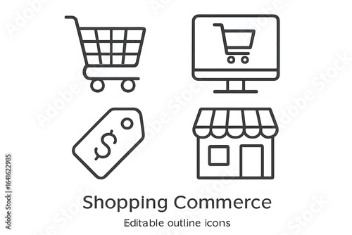 Shopping commerce icons, online store, retail market, e-commerce, supermarket cart, sale price tag, bricks-and-mortar shop, digital buying, editable outline, web app vector, modern business concept