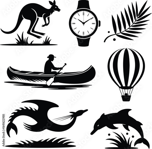 Silhouette collection of kangaroo canoeist hot air balloon dragon dolphin and palm leaf