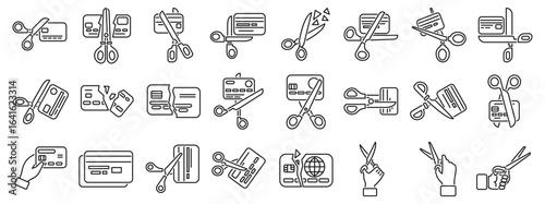 Cutting credit card icons set. Set of icons representing cutting credit card, symbolizing closing bank account, debt cancellation, or financial freedom