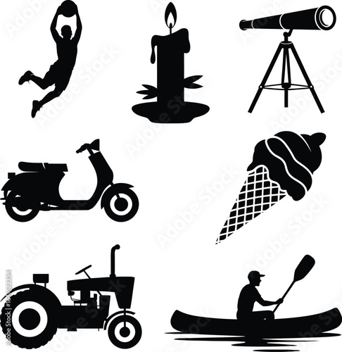 Silhouette collection of sports, food, and vehicles basketball player jumping